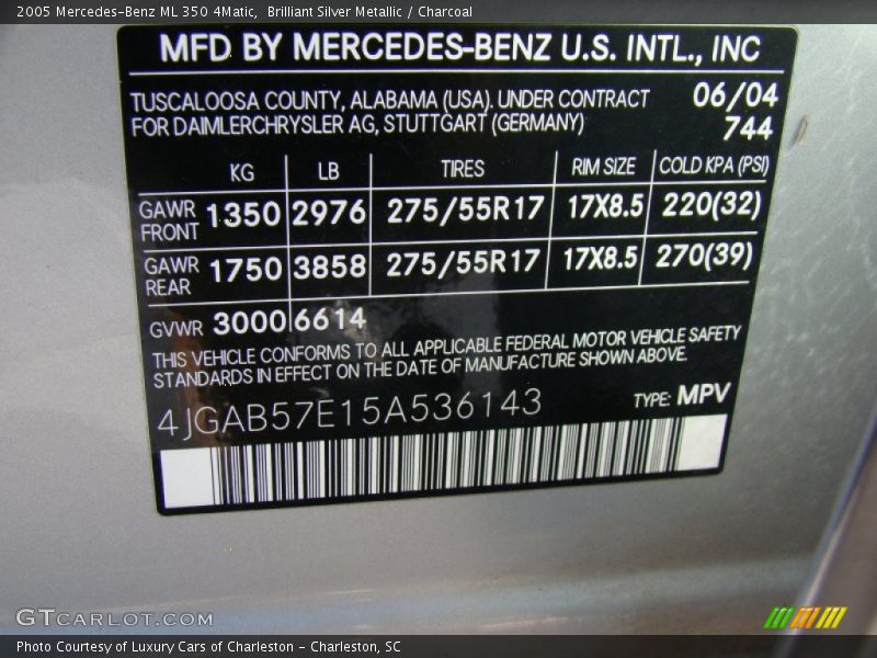 Brilliant Silver Metallic / Charcoal 2005 Mercedes-Benz ML 350 4Matic