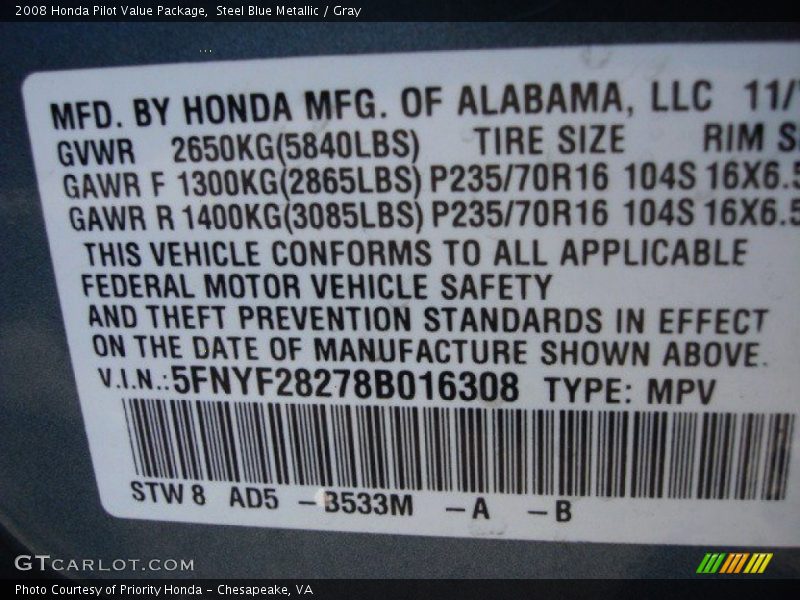 Steel Blue Metallic / Gray 2008 Honda Pilot Value Package