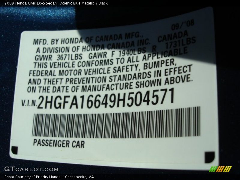 Atomic Blue Metallic / Black 2009 Honda Civic LX-S Sedan