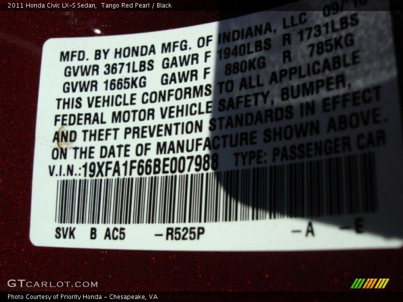 2011 Civic LX-S Sedan Tango Red Pearl Color Code R525