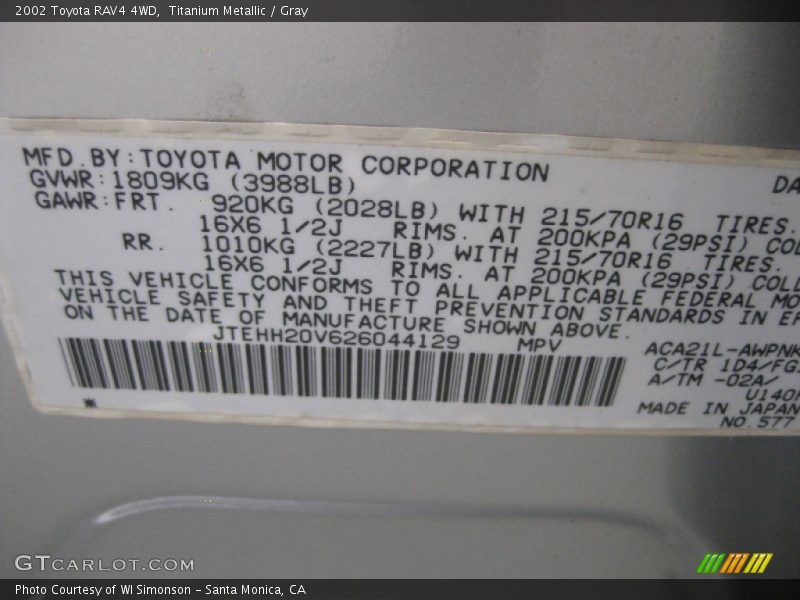 Titanium Metallic / Gray 2002 Toyota RAV4 4WD