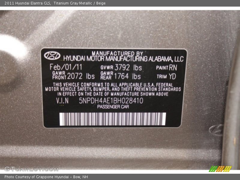 Titanium Gray Metallic / Beige 2011 Hyundai Elantra GLS