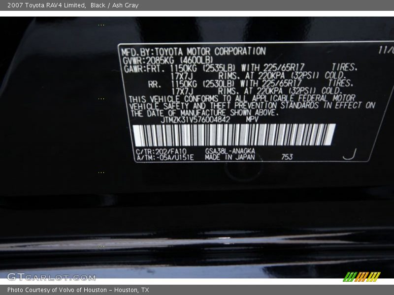 2007 RAV4 Limited Black Color Code 202