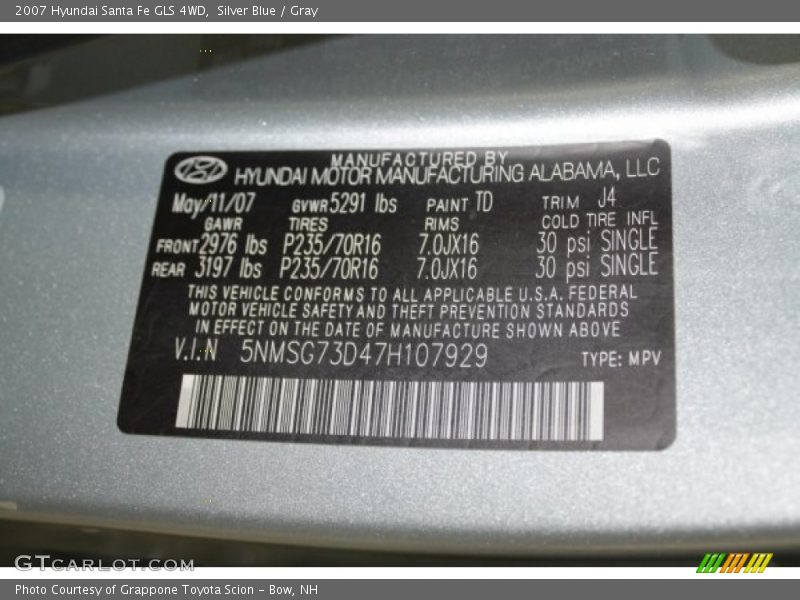 Silver Blue / Gray 2007 Hyundai Santa Fe GLS 4WD