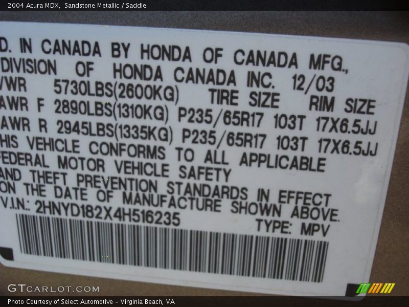 Sandstone Metallic / Saddle 2004 Acura MDX