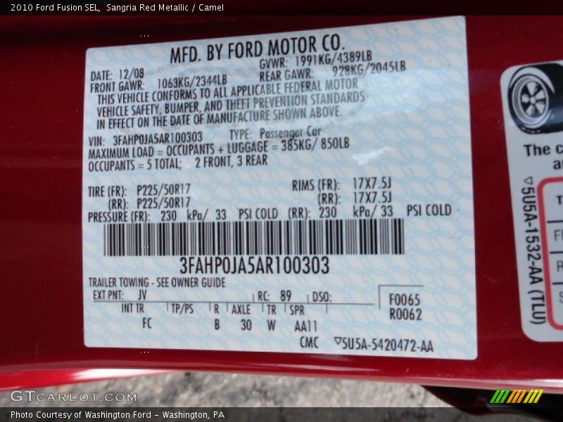 2010 Fusion SEL Sangria Red Metallic Color Code JV
