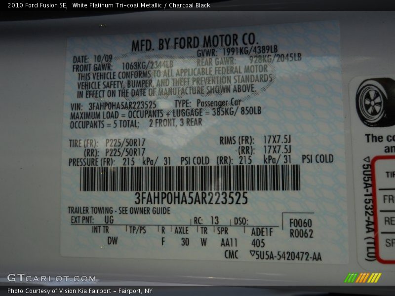 2010 Fusion SE White Platinum Tri-coat Metallic Color Code UG
