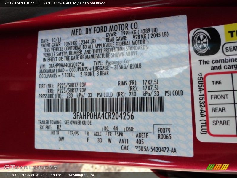 Red Candy Metallic / Charcoal Black 2012 Ford Fusion SE