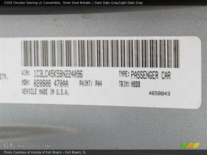 Silver Steel Metallic / Dark Slate Gray/Light Slate Gray 2008 Chrysler Sebring LX Convertible