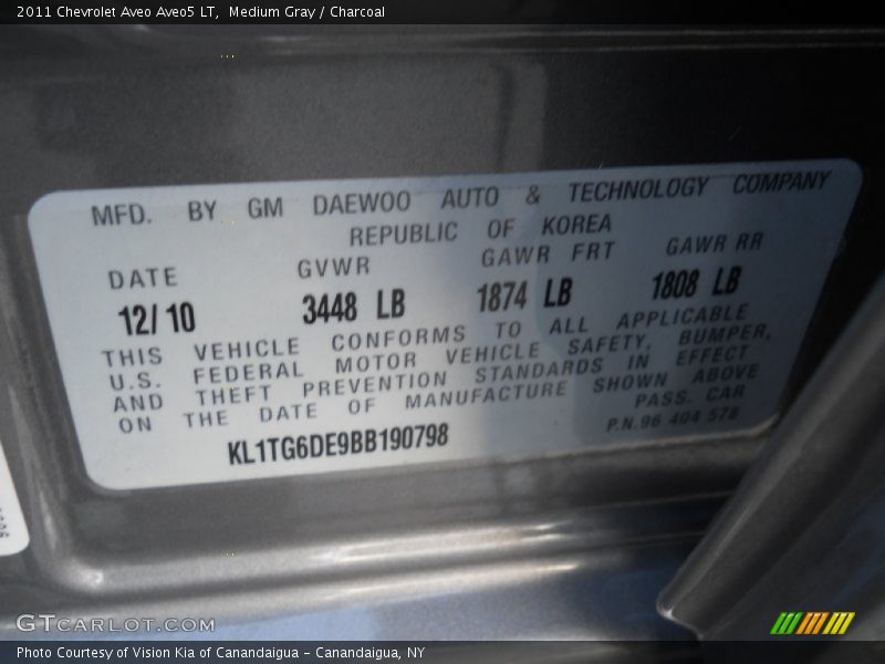 Info Tag of 2011 Aveo Aveo5 LT