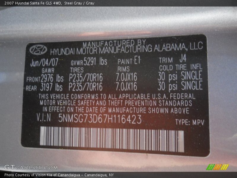 Steel Gray / Gray 2007 Hyundai Santa Fe GLS 4WD