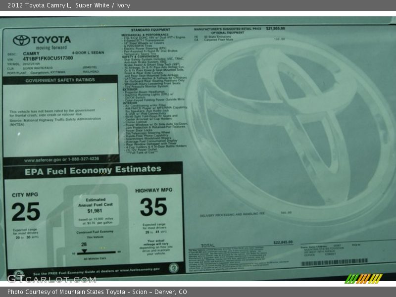 Super White / Ivory 2012 Toyota Camry L