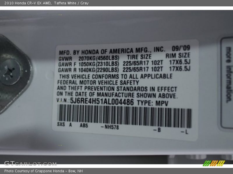 Taffeta White / Gray 2010 Honda CR-V EX AWD