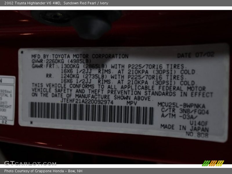 Sundown Red Pearl / Ivory 2002 Toyota Highlander V6 4WD