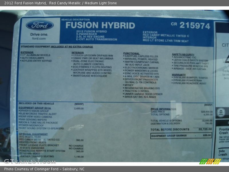  2012 Fusion Hybrid Window Sticker