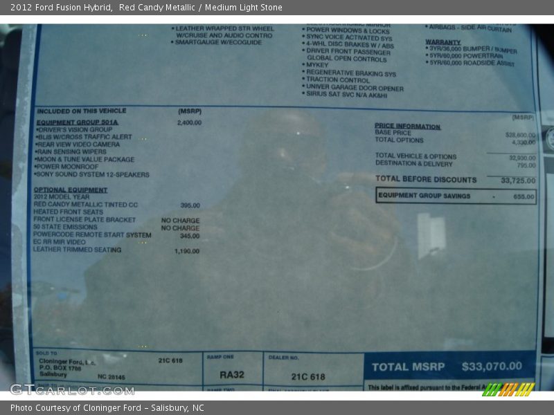  2012 Fusion Hybrid Window Sticker