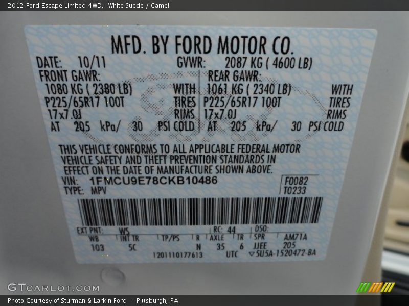 2012 Escape Limited 4WD White Suede Color Code WS