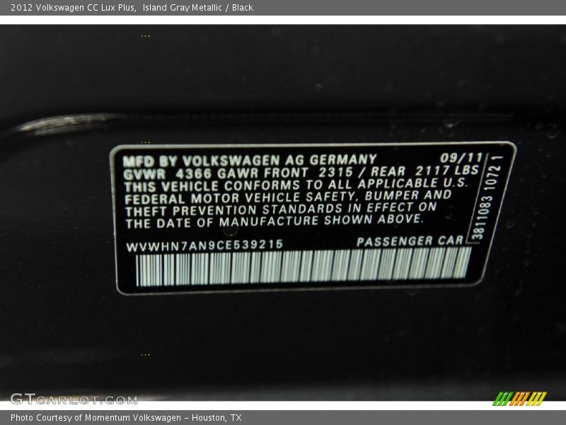 Island Gray Metallic / Black 2012 Volkswagen CC Lux Plus