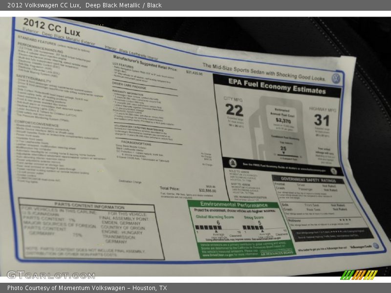Deep Black Metallic / Black 2012 Volkswagen CC Lux