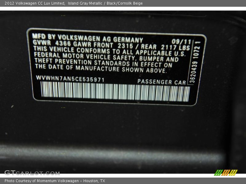 Island Gray Metallic / Black/Cornsilk Beige 2012 Volkswagen CC Lux Limited