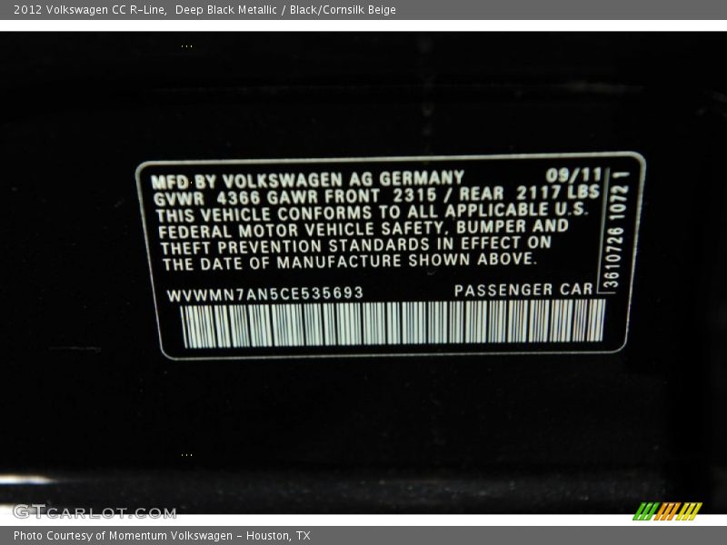 Deep Black Metallic / Black/Cornsilk Beige 2012 Volkswagen CC R-Line
