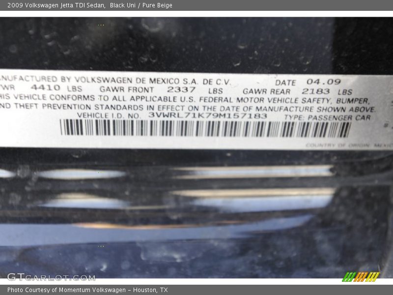Black Uni / Pure Beige 2009 Volkswagen Jetta TDI Sedan