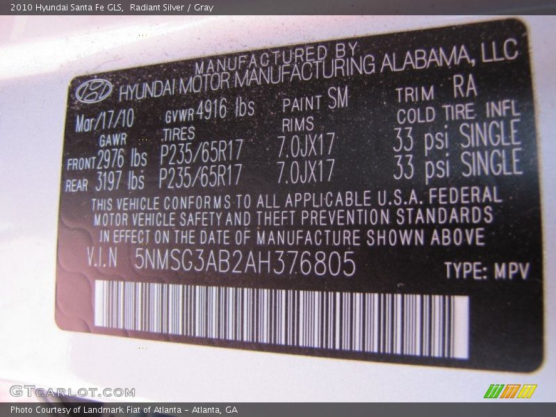 Radiant Silver / Gray 2010 Hyundai Santa Fe GLS