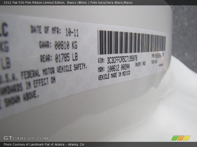 Bianco (White) / Pelle Nera/Nera (Black/Black) 2012 Fiat 500 Pink Ribbon Limited Edition