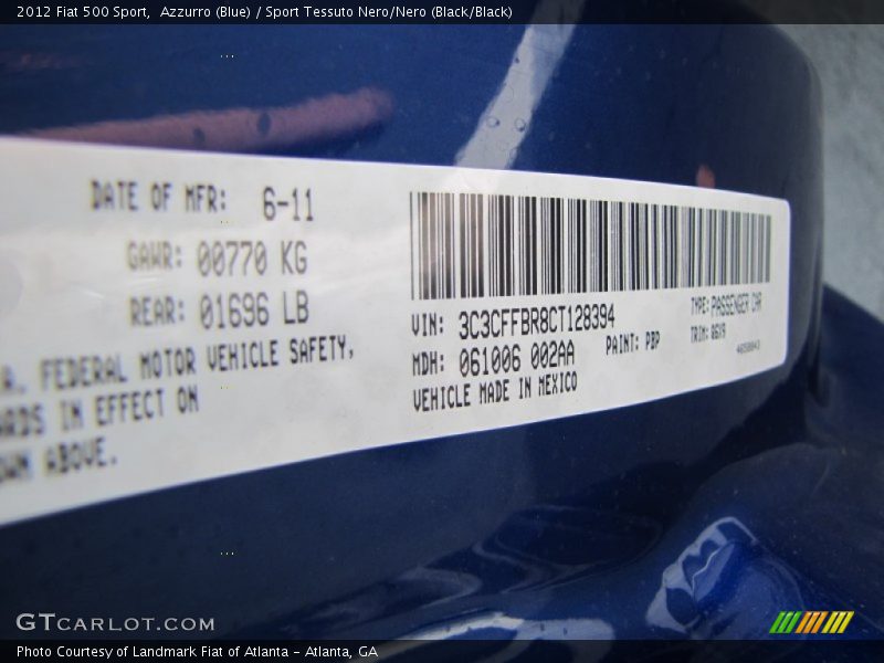 Azzurro (Blue) / Sport Tessuto Nero/Nero (Black/Black) 2012 Fiat 500 Sport