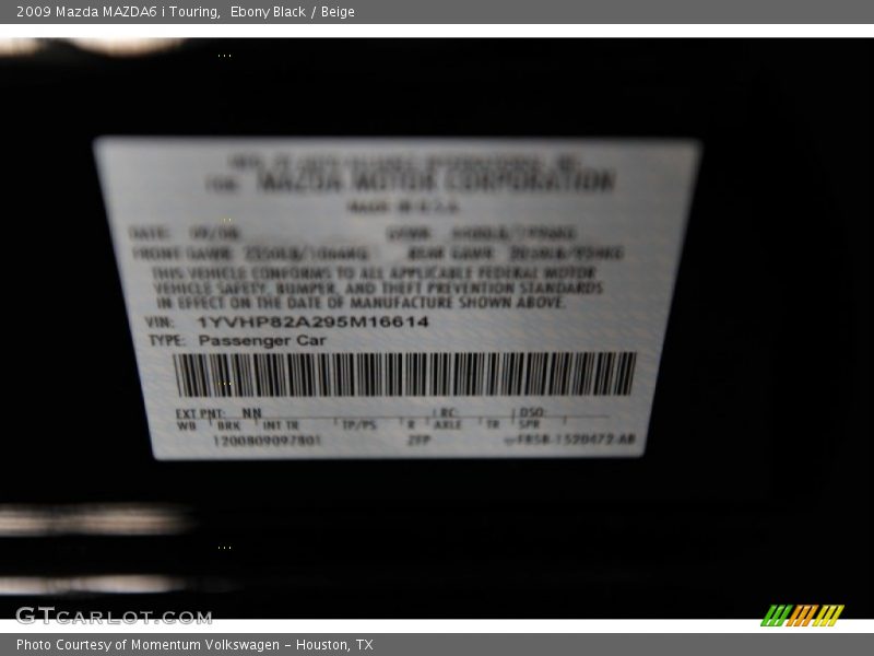 Ebony Black / Beige 2009 Mazda MAZDA6 i Touring