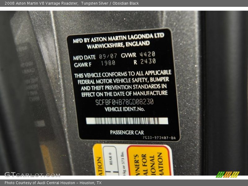 Info Tag of 2008 V8 Vantage Roadster