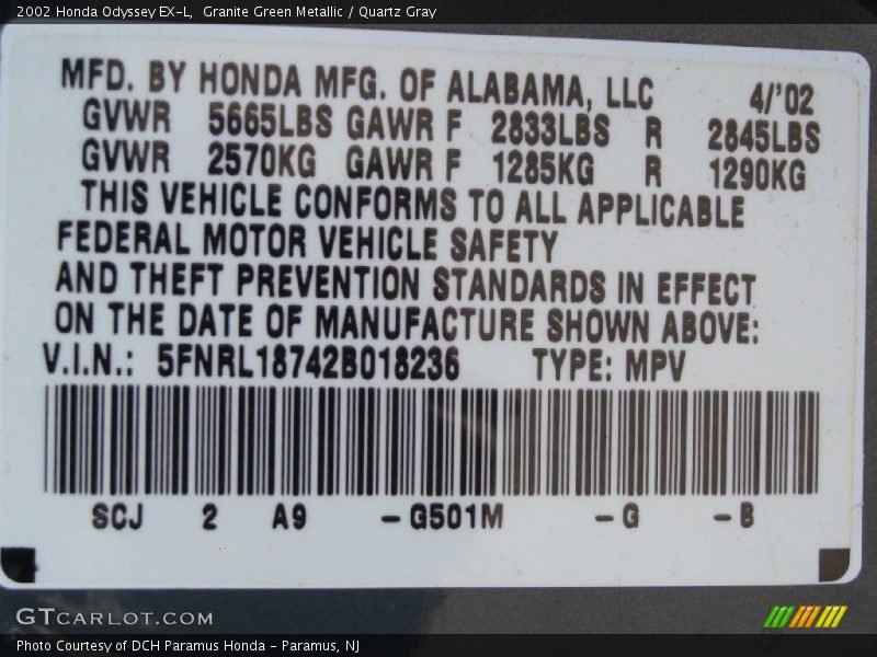 2002 Odyssey EX-L Granite Green Metallic Color Code G501M