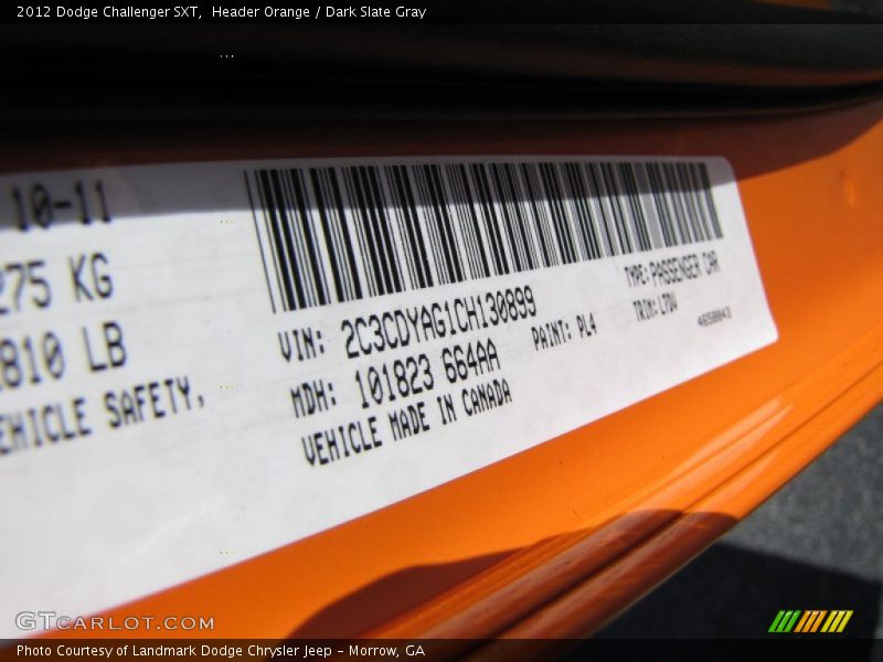Header Orange / Dark Slate Gray 2012 Dodge Challenger SXT