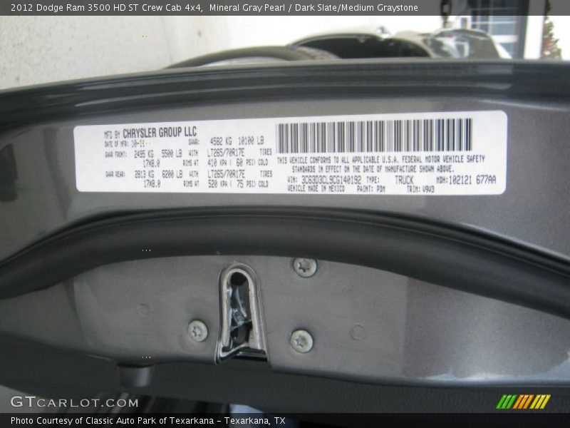 2012 Ram 3500 HD ST Crew Cab 4x4 Mineral Gray Pearl Color Code PDM