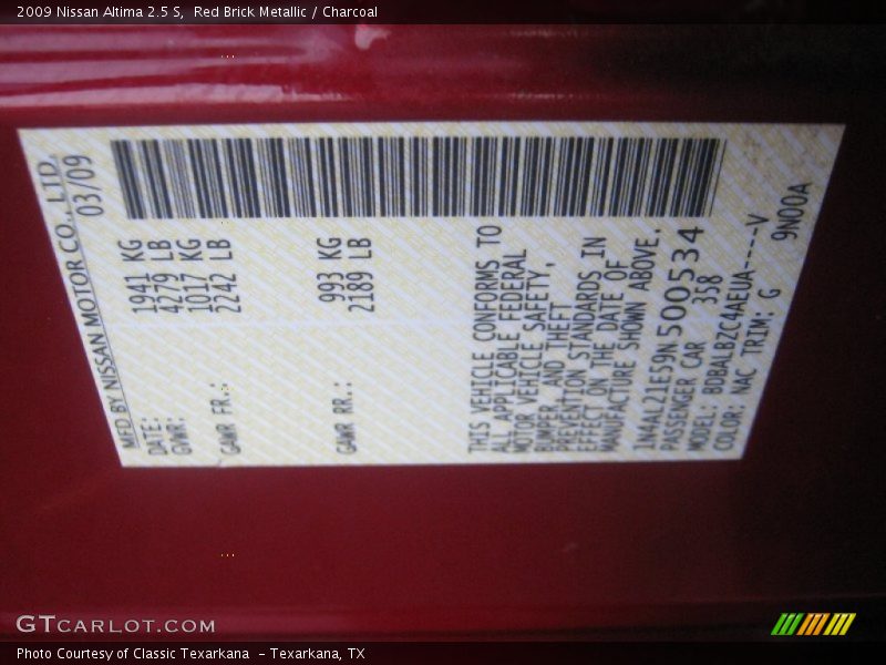 2009 Altima 2.5 S Red Brick Metallic Color Code NAC