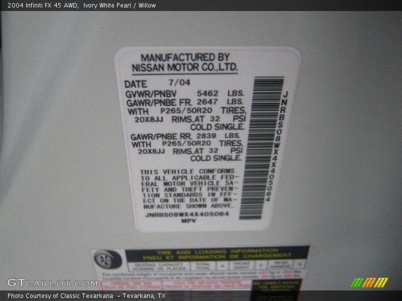 Ivory White Pearl / Willow 2004 Infiniti FX 45 AWD