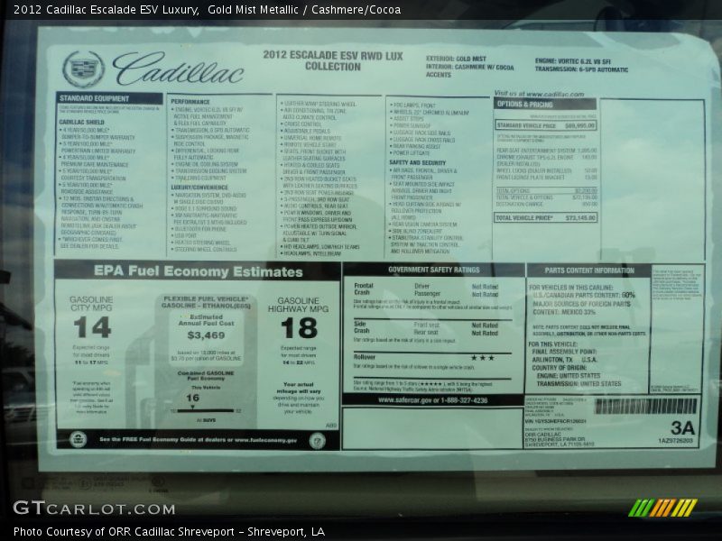  2012 Escalade ESV Luxury Window Sticker