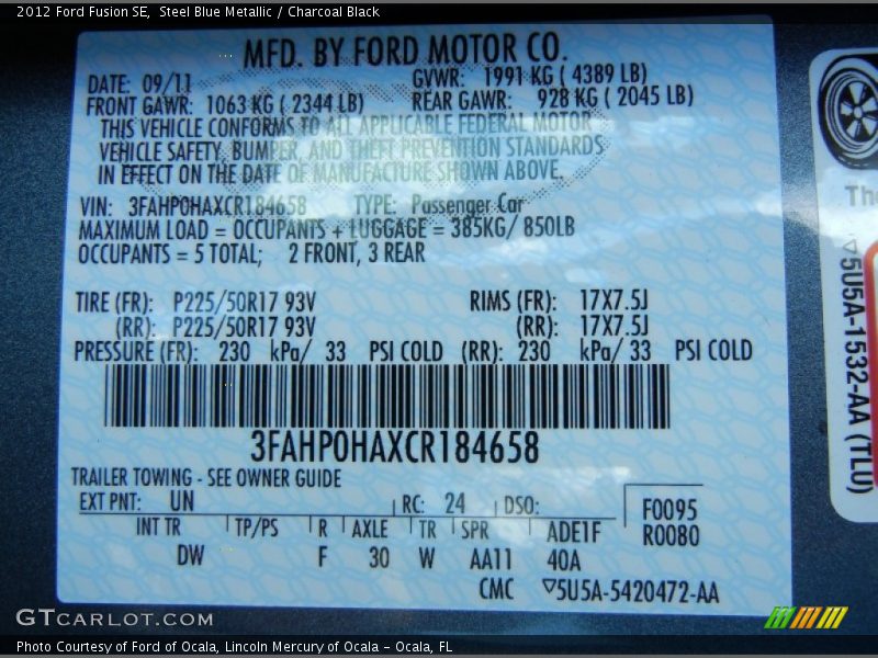 Steel Blue Metallic / Charcoal Black 2012 Ford Fusion SE