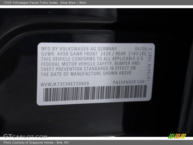 Deep Black / Black 2008 Volkswagen Passat Turbo Sedan