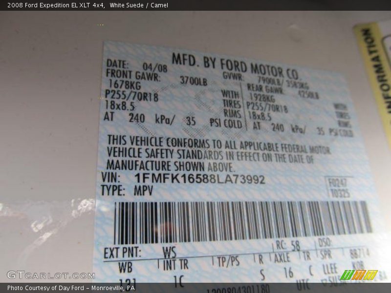 2008 Expedition EL XLT 4x4 White Suede Color Code WS
