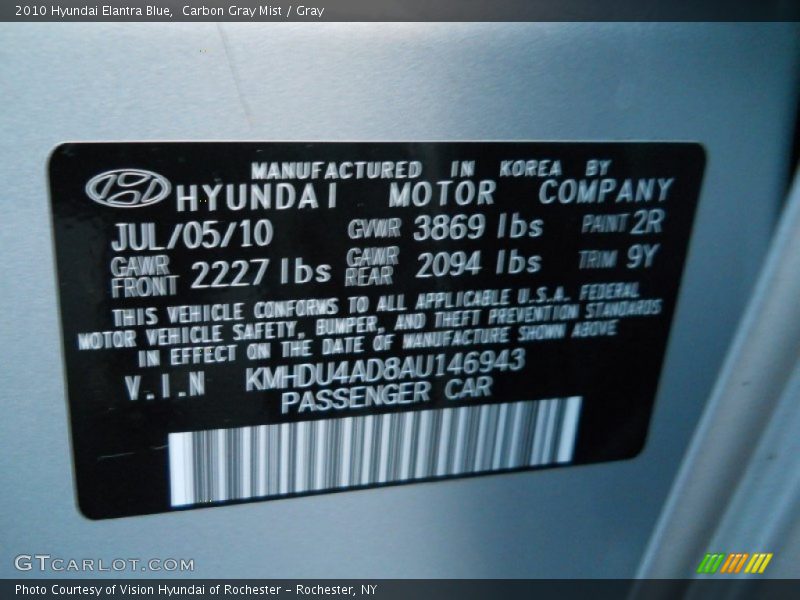 Carbon Gray Mist / Gray 2010 Hyundai Elantra Blue