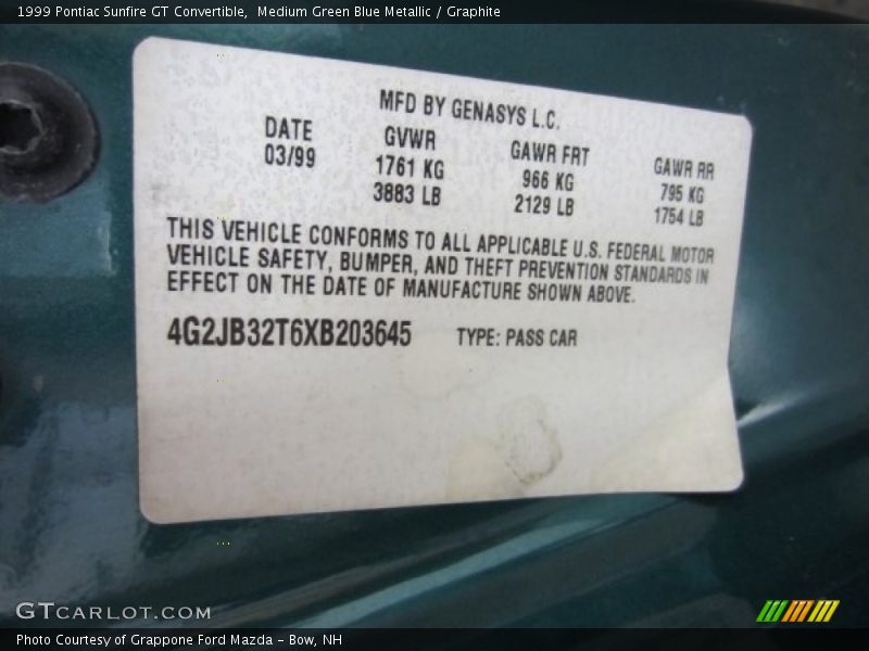 Medium Green Blue Metallic / Graphite 1999 Pontiac Sunfire GT Convertible