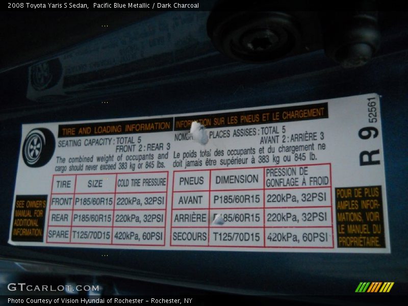 Info Tag of 2008 Yaris S Sedan