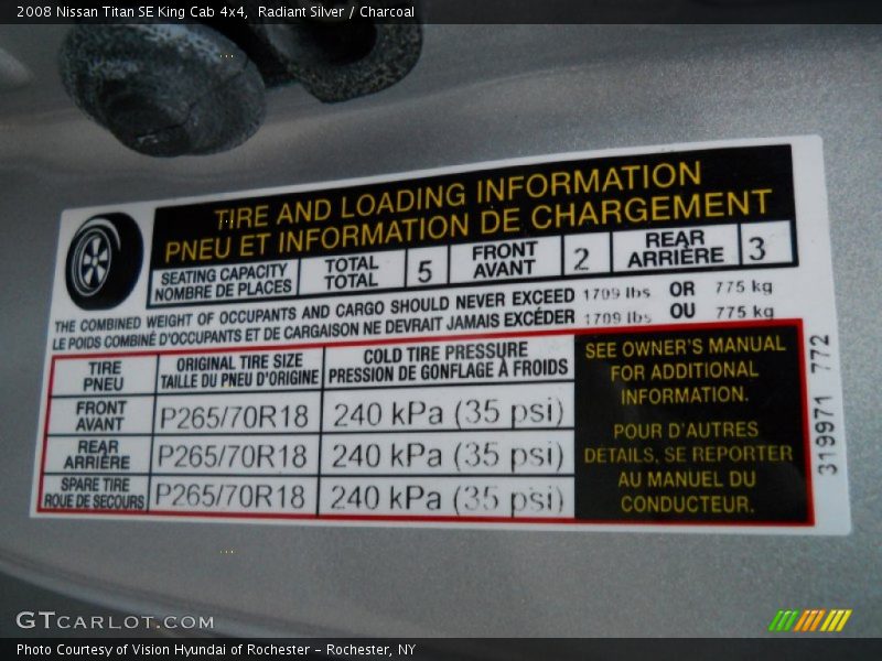 Info Tag of 2008 Titan SE King Cab 4x4