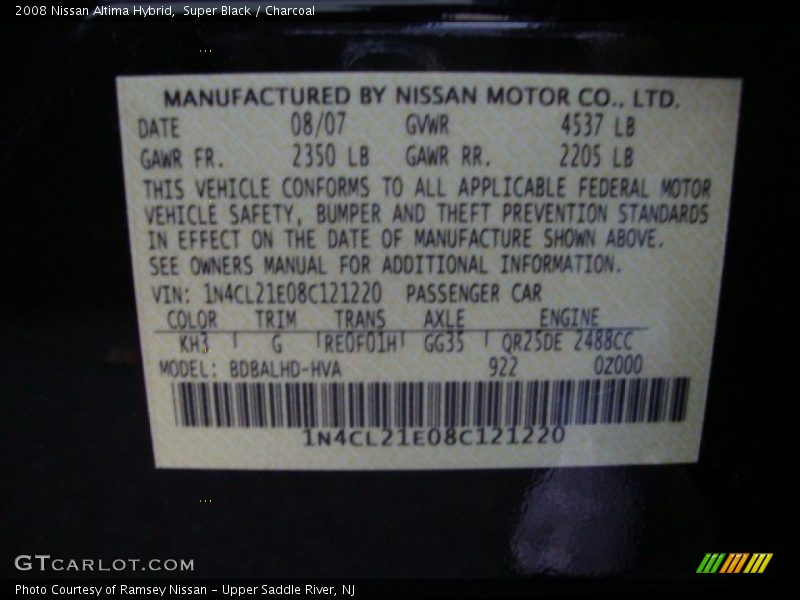 Super Black / Charcoal 2008 Nissan Altima Hybrid