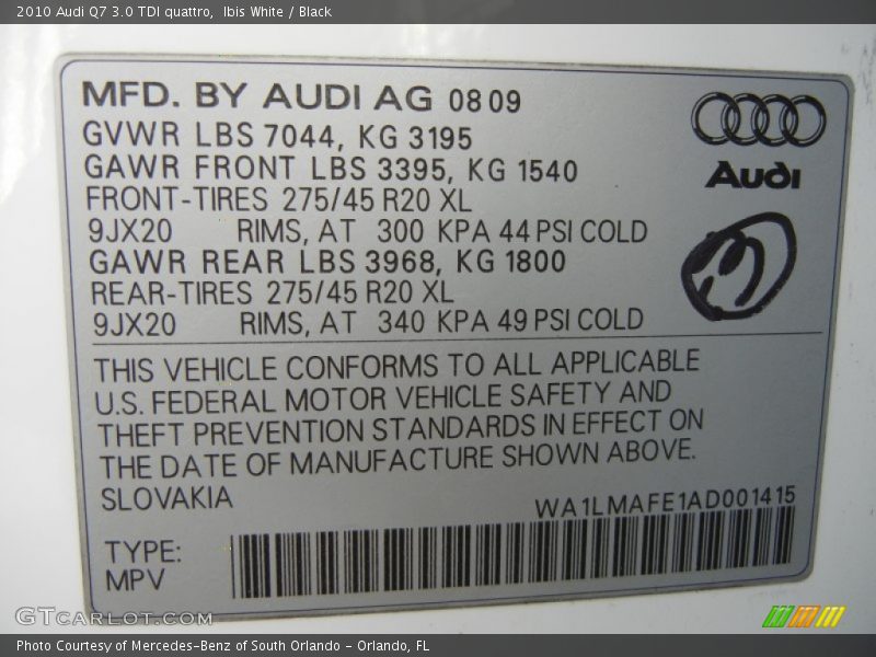 Info Tag of 2010 Q7 3.0 TDI quattro