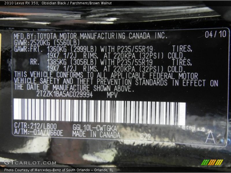 Obsidian Black / Parchment/Brown Walnut 2010 Lexus RX 350