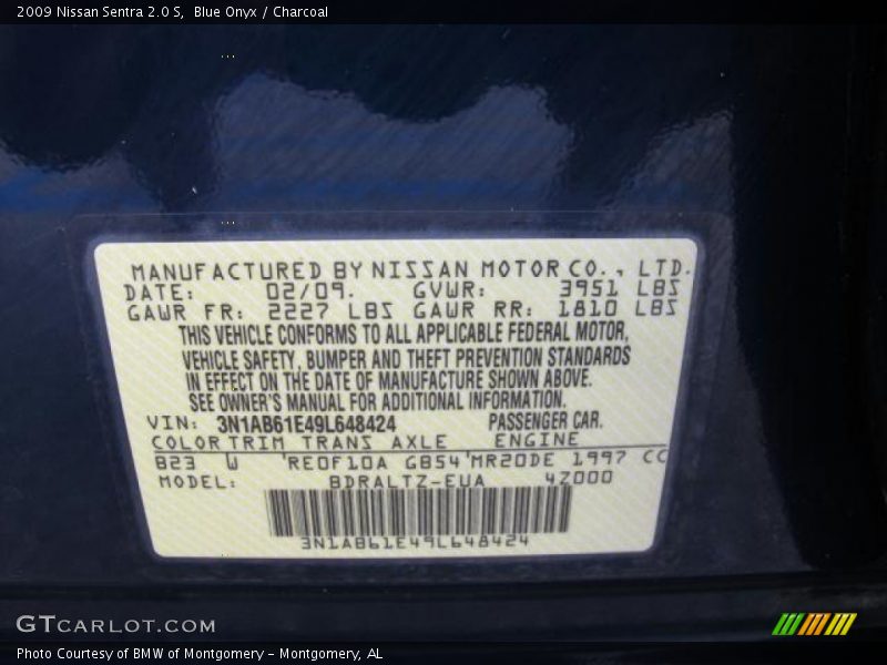 Blue Onyx / Charcoal 2009 Nissan Sentra 2.0 S
