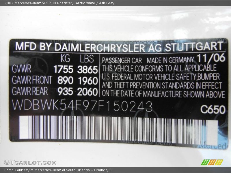 2007 SLK 280 Roadster Arctic White Color Code 650