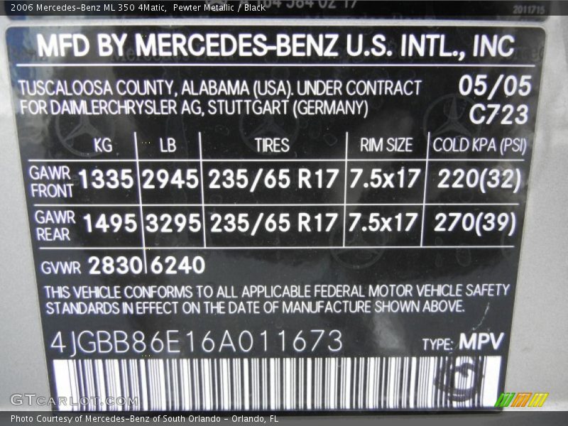Pewter Metallic / Black 2006 Mercedes-Benz ML 350 4Matic